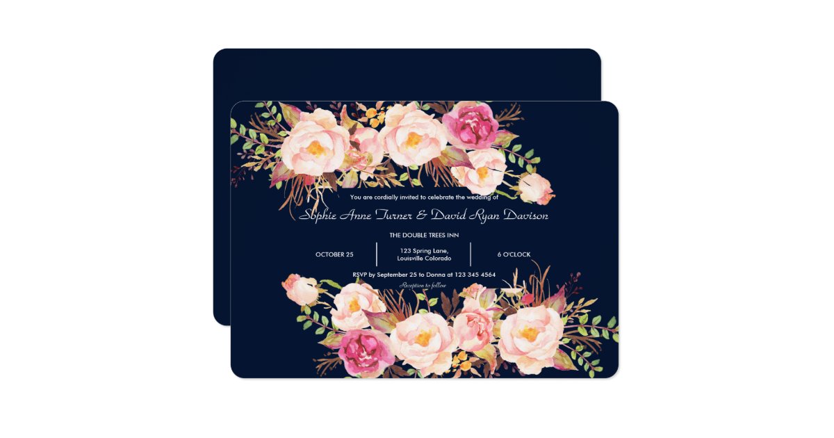 watercolor pink floral frame navy blue wedding invitation zazzle com usd