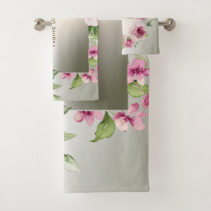 Watercolor Pink Floral Frame Shiny Bronze Elegant Bath Towel Set