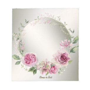 Watercolor Pink Floral Frame Shiny Bronze Elegant Notepad