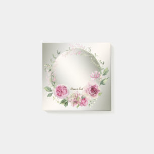 Watercolor Pink Floral Frame Shiny Bronze Elegant Post-it Notes