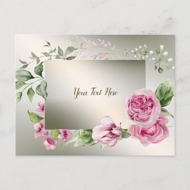 Watercolor Pink Floral Frame Shiny Bronze Elegant Postcard (Front)