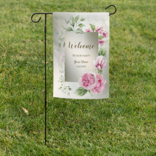 Watercolor Pink Floral Frame Shiny Bronze Party Garden Flag