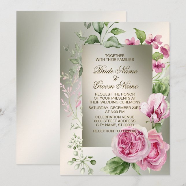 Watercolor Pink Floral Frame Shiny Bronze Party Invitation (Front/Back)