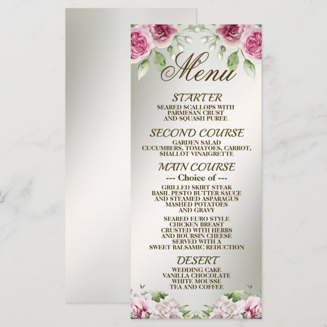 Watercolor Pink Floral Frame Shiny Bronze Party Menu (Front/Back)