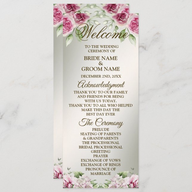 Watercolor Pink Floral Frame Shiny Bronze Party Program (Front/Back)