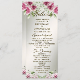 Watercolor Pink Floral Frame Shiny Bronze Party Program