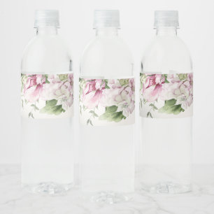 Watercolor Pink Floral Frame Shiny Bronze Party Water Bottle Label