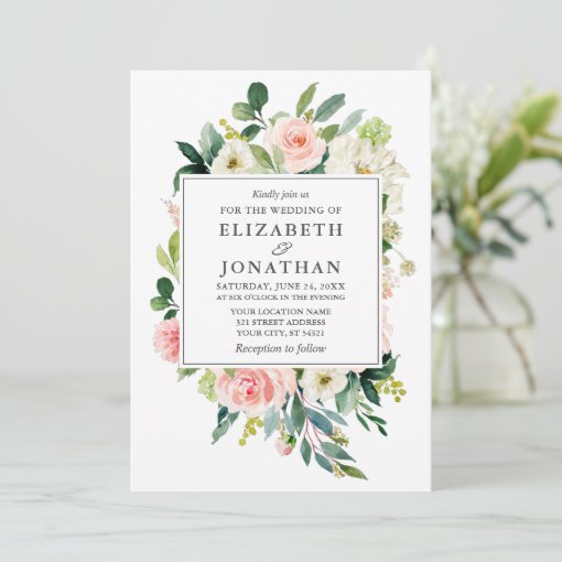 Watercolor Pink Floral Frame Wedding Invitation | Zazzle