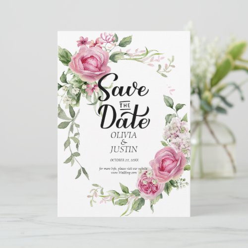 Watercolor Pink Floral Frame Wedding Save The Date