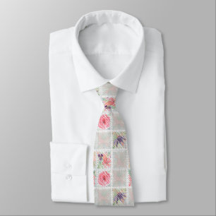 Watercolor pink floral fruit stylish checkered neck tie