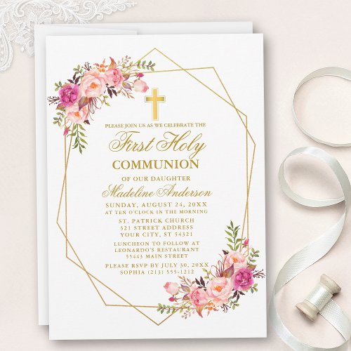Watercolor Pink Floral Geo Frame First Communion Invitation