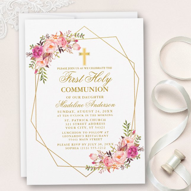 Watercolor Pink Floral Geo Frame First Communion Invitation (Customize to change text size, color, style or to add more text and photos to back of card.)