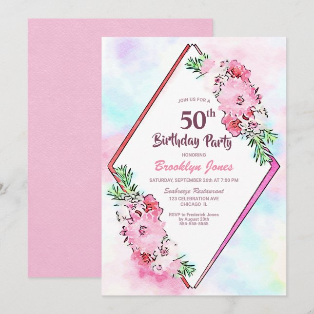 Watercolor Pink Floral Geometric 50th Birthday Invitation (Front/Back)