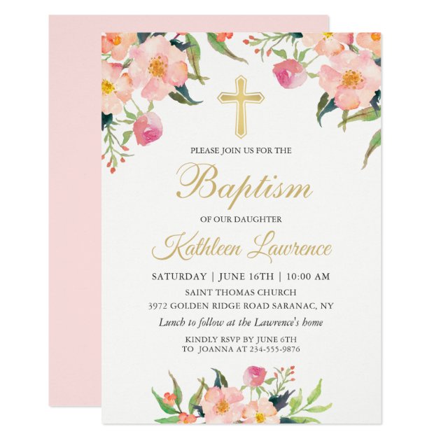 Watercolor Pink Floral Girl Baptism Invitation