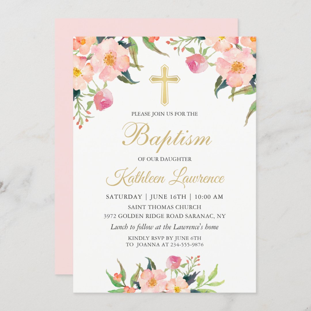 Watercolor Pink Floral Girl Baptism Invitation | Zazzle