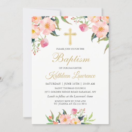 Watercolor Pink Floral Girl Baptism Invitation | Zazzle