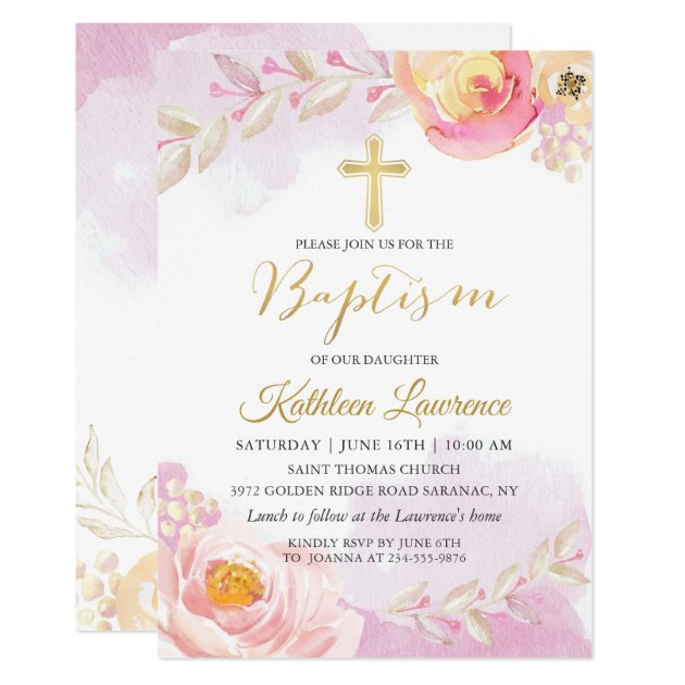 Watercolor Pink Floral Girl Baptism Invitation