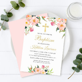 Watercolor Pink Floral Girl Baptism Invitation