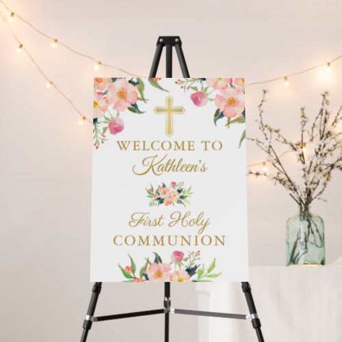Watercolor Pink Floral Girl First Holy Communion Foam Board