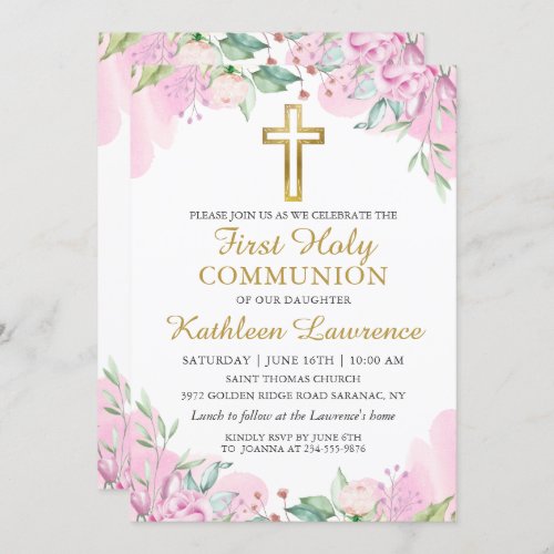 Watercolor Pink Floral Girl First Holy Communion Invitation