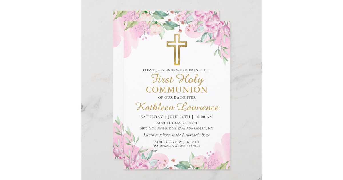 Watercolor Pink Floral Girl First Holy Communion Invitation | Zazzle