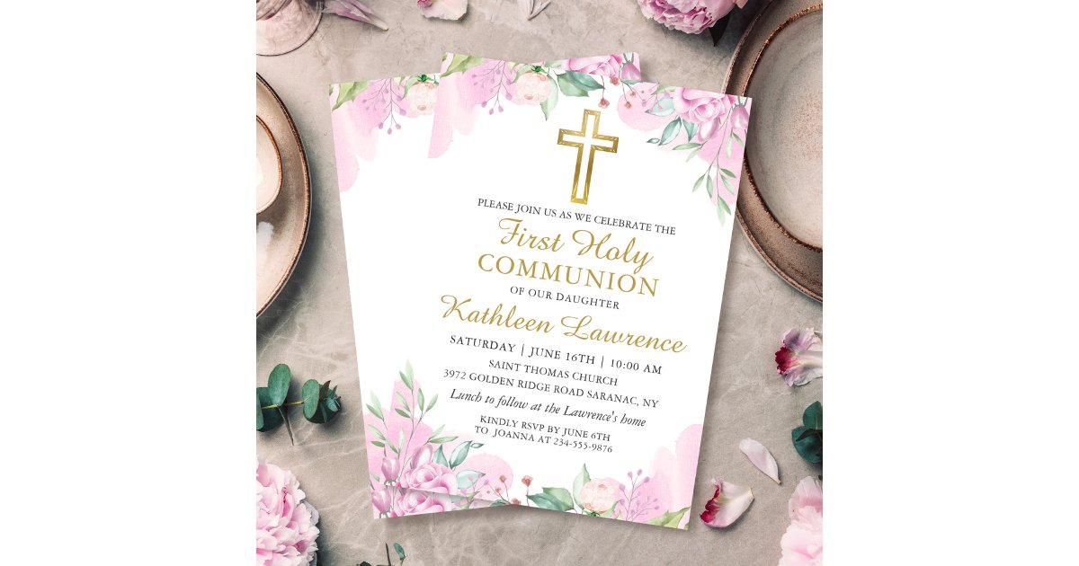 Watercolor Pink Floral Girl First Holy Communion Invitation | Zazzle