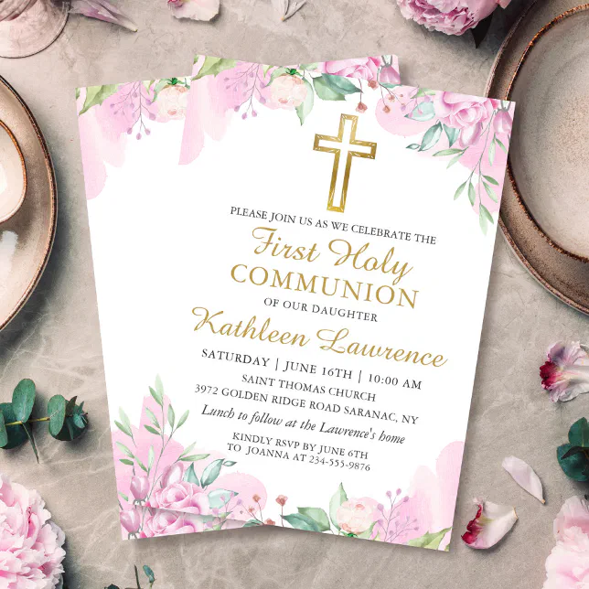 Watercolor Pink Floral Girl First Holy Communion Invitation | Zazzle