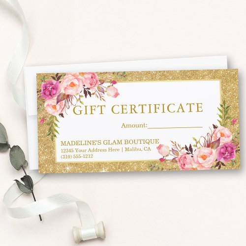 Watercolor Pink Floral Glitter Gift Certificate