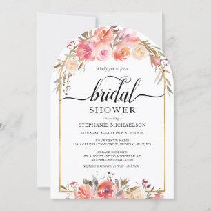 Watercolor Pink Floral Gold Arch Bridal Shower Invitation