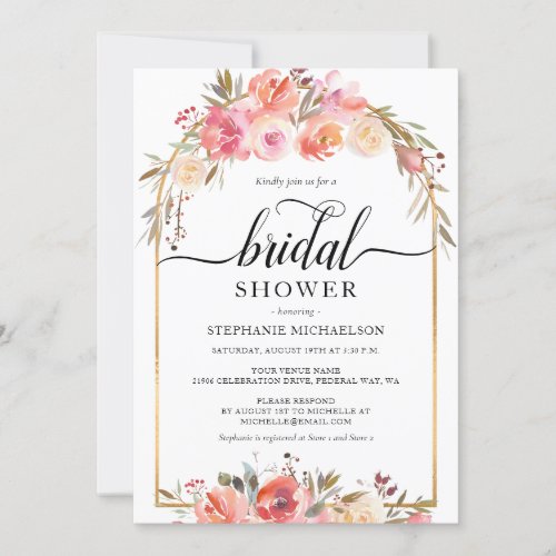 Watercolor Pink Floral Gold Arch Bridal Shower Invitation