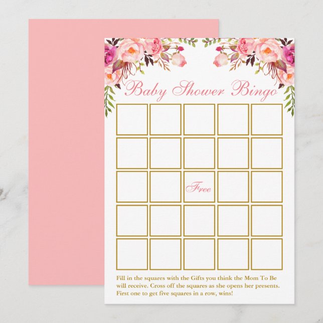 Watercolor Pink Floral Gold Baby Shower Bingo Card (Front/Back)