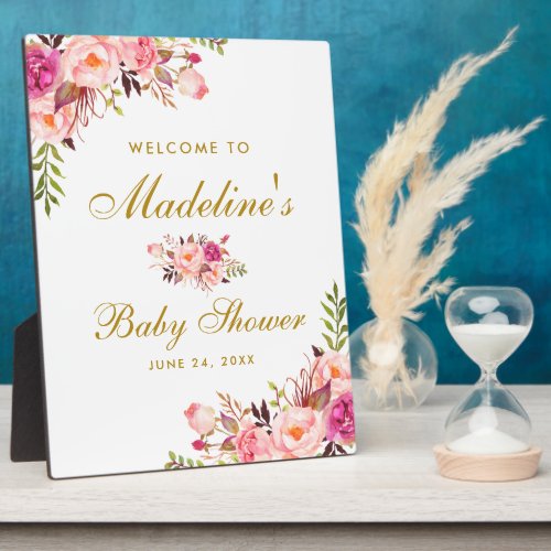 Watercolor Pink Floral Gold Baby Shower Welcome Plaque