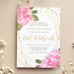 Watercolor Pink Floral Gold Bat Mitzvah Invitation