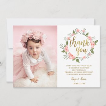 Watercolor Pink Floral Gold Birthday Thank You Card by Orabella at Zazzle