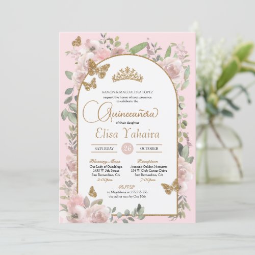 Watercolor Pink Floral Gold Butterfly Quinceaera Invitation