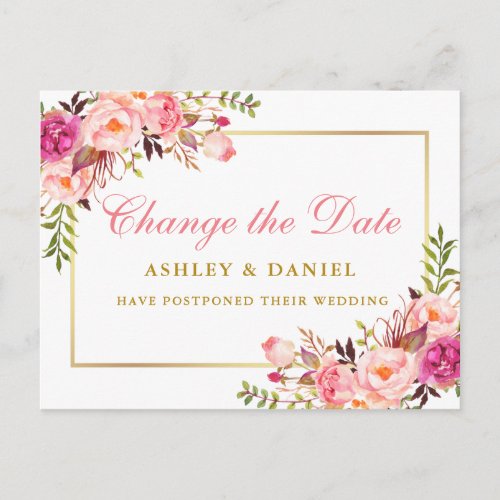 Watercolor Pink Floral Gold Change The Date Postcard