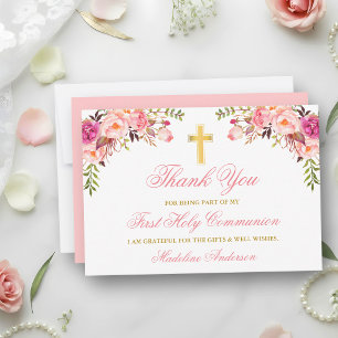 Watercolor Pink Floral Gold Communion Thank You Card