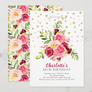 Watercolor Pink Floral Gold Confetti Birthday Invitation