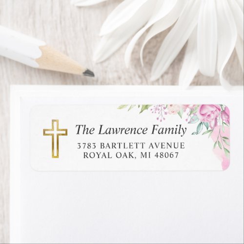 Watercolor Pink Floral Gold Cross Return Address Label