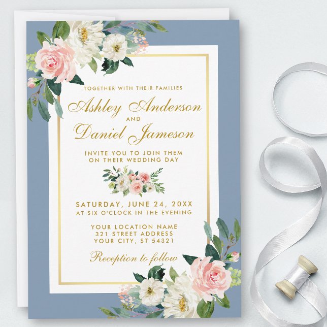 Watercolor Pink Floral Gold Dusty Blue Wedding Invitation (Customize to change text size, style, color or add more text or photos to back of card.)