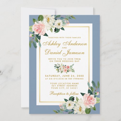 Watercolor Pink Floral Gold Dusty Blue Wedding Invitation