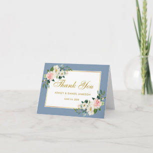 Watercolor Pink Floral Gold Dusty Blue Wedding Letterpress Thank You Card