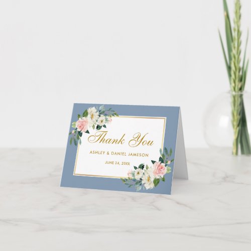 Watercolor Pink Floral Gold Dusty Blue Wedding Thank You Card