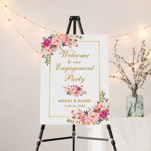 Watercolor Pink Floral Gold Engagement Party Foam Board (In Situ (Stand))