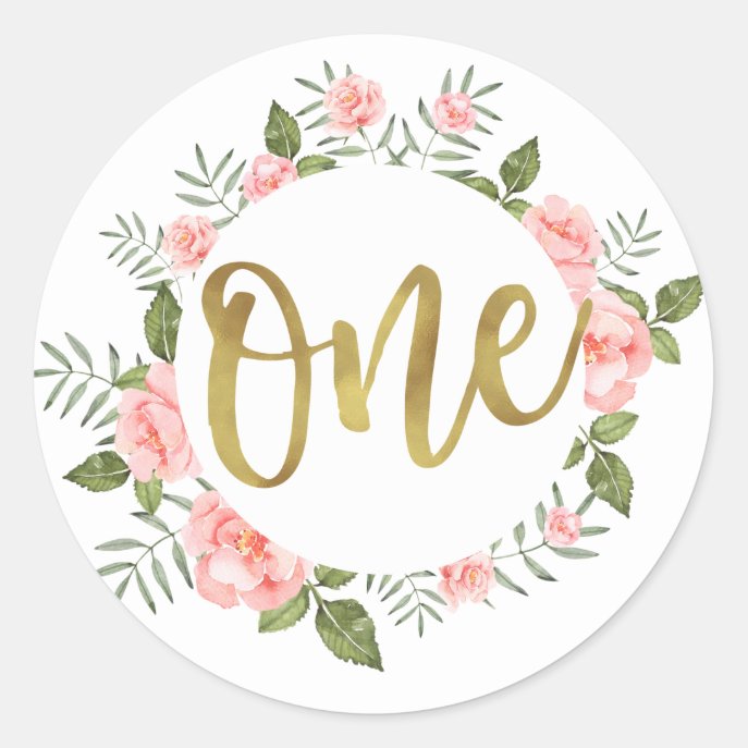 Watercolor Pink Floral Gold First Birthday Classic Round Sticker