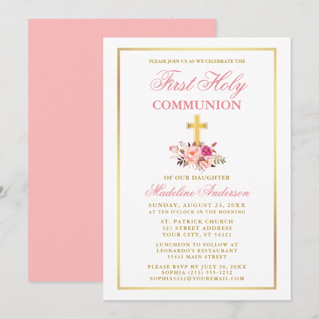 Watercolor Pink Floral Gold First Communion Invitation (Front/Back)