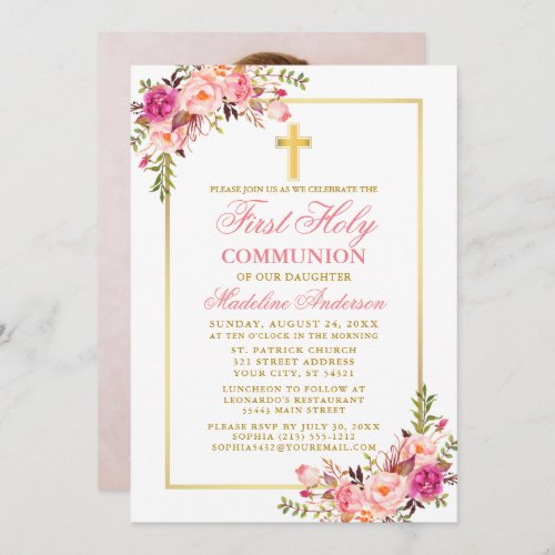 Watercolor Pink Floral Gold First Communion Photo Invitation