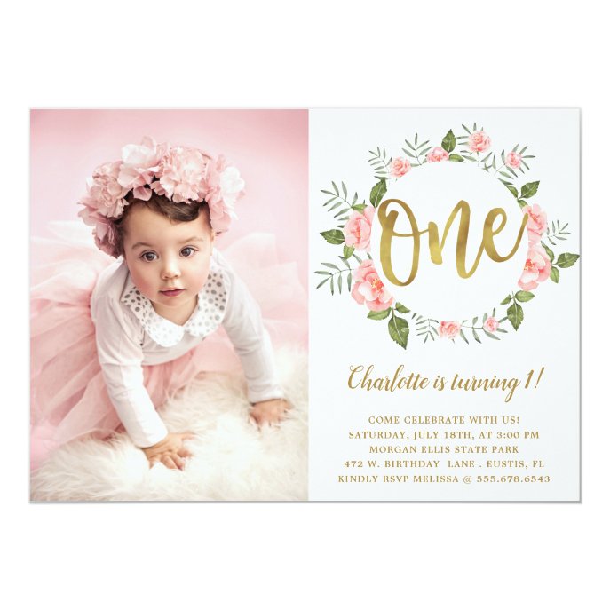 Watercolor Pink Floral Gold Foil First Birthday Invitation