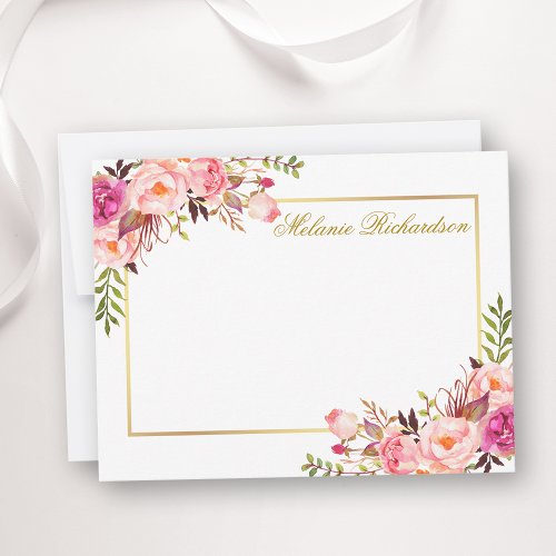 Watercolor Pink Floral Gold Frame Personalized Note Card