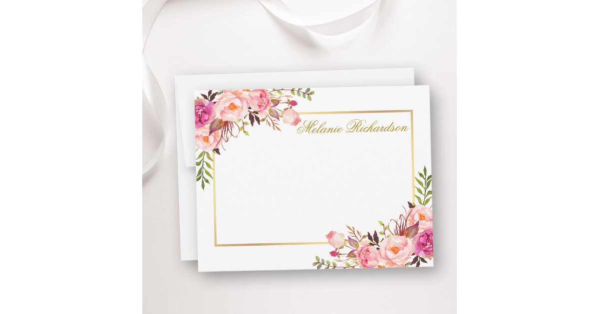 Watercolor Pink Floral Gold Frame Personalized Note Card | Zazzle
